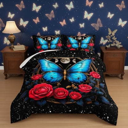 Blue Butterfly Comforter Set Twin Size,Red Rose Comforter Butterfly Bedding Sets for Kids Girls Teens Room Decor Aesthetics,Animal Themed Comforter Floral Bedding Sets with 2 Pillowcases.