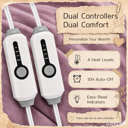 Electric Heated Blanket King Size 90"x100", Dual Controllers, Purple