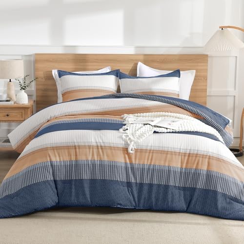 Litanika Blue Orange King Size Comforter Set - 3 Pieces Stripe Bed Set