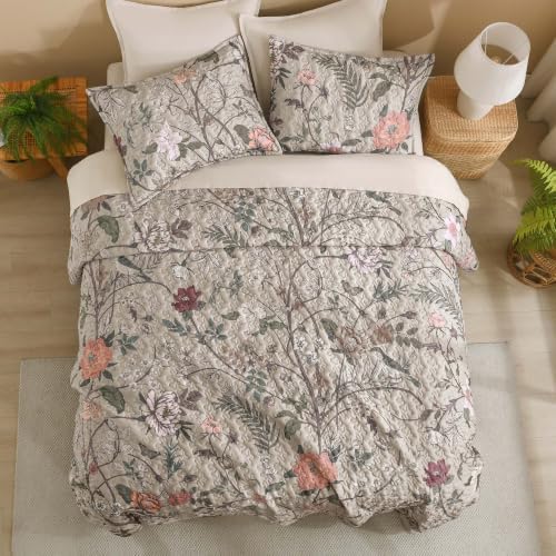 Litanika Floral Oatmeal Quilt Queen - 3Pcs Botanical Birds Bedding Set