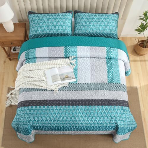 WONGS BEDDING Teal Blue King Size Quilt Set, Boho Striped Bedspread