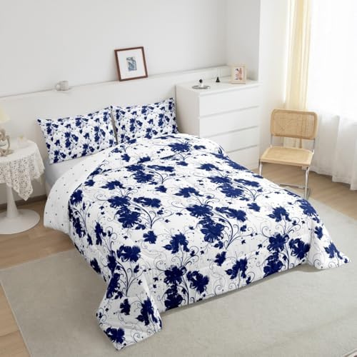 jejeloiu Blue Flower Comforter Set Queen Size Kids Floral Bedding Set for Boys Girls Teens Botanical Duvet Breathable Minimalist Aesthetics Quilt Bedroom Decor,1 Comforter with 2 Pillowcase