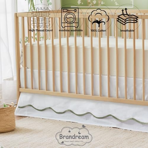 Brandream Scallop Edge Cotton Crib Skirt Toddler Bedskirt Baby Nursery Crib Bed Skirt Double Layer Boho Bohemian Neutral Solid Color Cream Off White with Sage Green Edge Farmhouse Chic Skirt