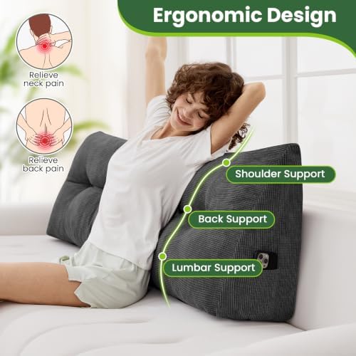 Headboard Pillow King, Triangle Bed Wedge Pillow for Headboard, Backrest Pillow for Sitting, Reading, Working, Daybed Pillows for Bed, Dorm, Sofa, Black