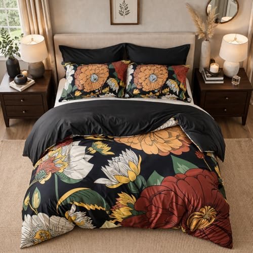 Tyrot Black Boho Floral King Comforter Set - 3 Piece Farmhouse Botanical Bedding Comforter Sets for All Season Soft Lightweight Mid Century Bed Set, (1 Reversible Comforter and 2 Pillow Shams