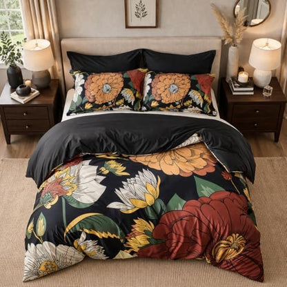 Tyrot Black Boho Floral Queen Comforter Set - 3 Piece Farmhouse Botanical Bedding Comforter Sets for All Season Soft Lightweight Mid Century Bed Set, (1 Reversible Comforter and 2 Pillow Shams