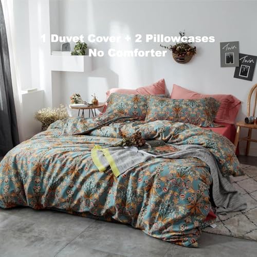 Vintage Style Garden Flower Duvet Cover Set King Boho Floral Long Staple Cotton Comforter Cover Luxury Soft Green Golden Floral Bedding Set Boho Farmhouse Bohemia Duvet Cover with 2 Pillowcases