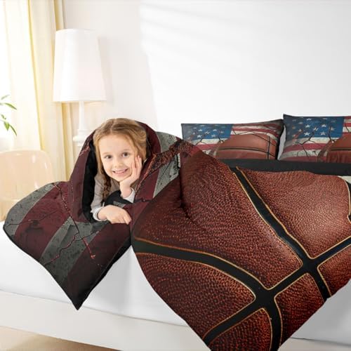 Erosebridal American Flag Comforter Set for Boys, Basketball Duvet Sets Queen Size, Retro Sports Games Bedding Set United States Federations Stars Stripes Duvet Insert for Teens Kids Adult Bedroom