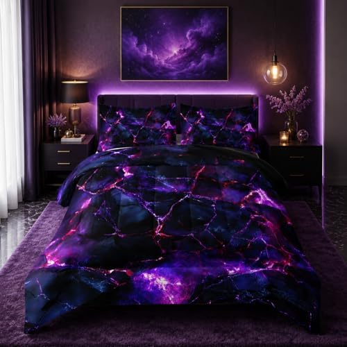 Nttopship Purple Comforter Set Queen Size，Purple Marble Bedding Set 3 Pcs Bedding for Adults,Violet Marble Room Decor with Soft and Lightweight Comforter and 2 Pillowcases
