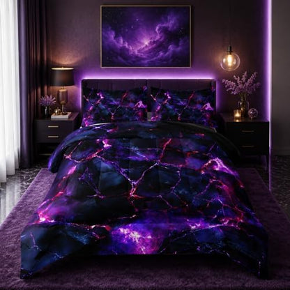 Nttopship Purple Comforter Set King Size，Purple Marble Bedding Set 3 Pcs Bedding for Adults,Violet Marble Room Decor with Soft and Lightweight Comforter and 2 Pillowcases