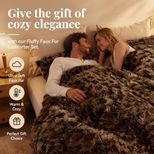 Smoofy Fluffy King Size Comforter Set Leopard Print Faux Fur Comforter 3Pcs