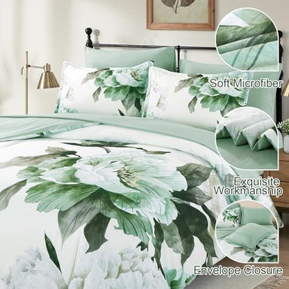 Dobuyly Green Full Size Comforter Set 7 Piece Floral Bed in a Bag