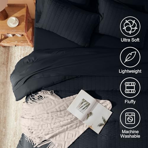 Laojin Balhen Full Size Comforter Sets 7 Pieces, Black Seersucker Bed in a Bag Set Full Size, All Season Luxury Bedding Sets with Comforter, Sheets, Pillowcase & Sham