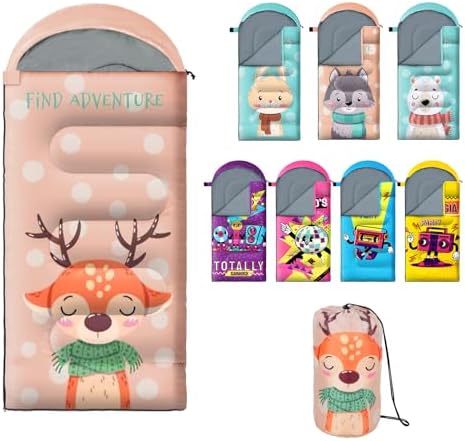 Sleeping Bag for Kids,Portable Camping Sleeping Bags for Boys&Girls with Cute Cartoon Print,Lightweight Waterproof Compact Sleeping Bag for Indoor Outdoor Hiking Travel