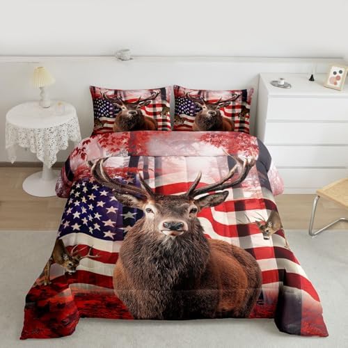 American Flag Comforter Set, Cute Deer Down Comforter Queen For Kids Boys Teens, United States Bedding Set Usa Federations Stars Duvet Sets Geometric Stripes Bedroom Decor With 2 Pillowcases