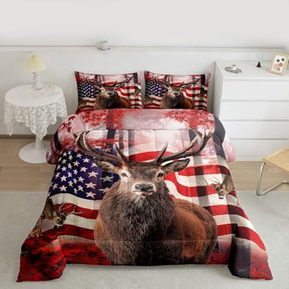 American Flag Comforter Set, Cute Deer Down Comforter Twin For Kids Boys Teens, United States Bedding Set Usa Federations Stars Duvet Sets Geometric Stripes Bedroom Decor With 1 Pillowcase
