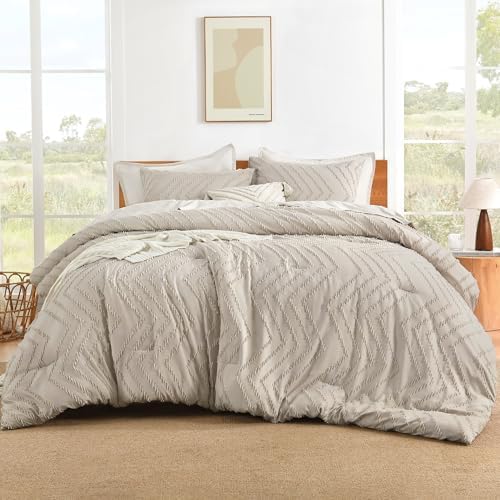 Litanika Light Oatmeal Queen Comforter Set, 3 Pcs Boho Tufted Bedding Set