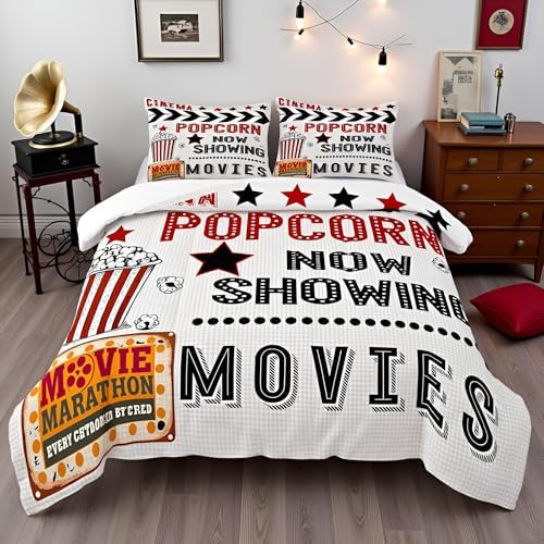 Homewish Movie Theater Comforter Set Queen Size,70's Vintage Cinema Bedding Set 3Pcs for Kids Teens Adult Room Decor,Movie Popcorn Print Down Comforter Retro Red Black Duvet Insert,2 Pillowcases