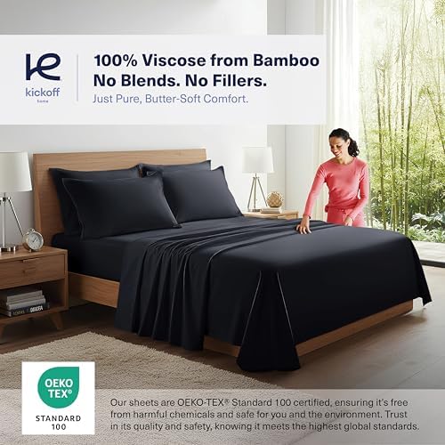 Kickoff Viscose Bamboo Sheets RV Short Queen Size 4-pc 100% Organic Bamboo Viscose Bed Cooling Sheets Set (60" x 75") Cool Bedding for hot Sleepers Sheet Set - Gift Ready Packaging (Black, SQ)