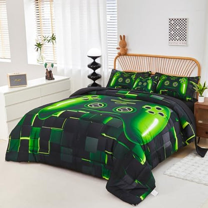PERFEMET 6 Pcs Gaming Bedding Set Queen Size Green Game Console Kids Bed in A Bag 3D Black Gamer Comforter Set with Sheets for Boys Teen Lightweight Video Gamepad Bedroom Set(Green, Queen)