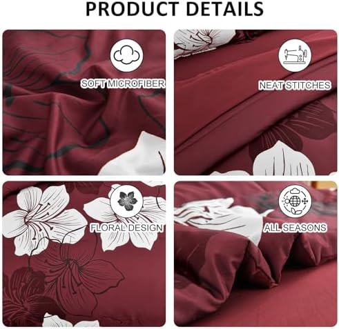 Luxudecor 7 Pieces Queen Size Comforter Set, Burgundy Floral Bed in a Bag Comforter and Sheet Set, Soft Microfiber Lightweight Bedding Set for All Season 90"×90"