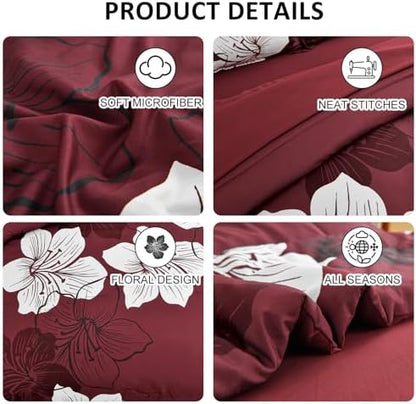 Luxudecor 7 Pieces Queen Size Comforter Set, Burgundy Floral Bed in a Bag Comforter and Sheet Set, Soft Microfiber Lightweight Bedding Set for All Season 90"×90"