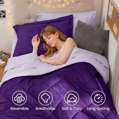 MUXHOMO 5 Pieces Twin XL Comforter Set, Reversible Bed in a Bag Twin XL Size, All Season Bedding Set with Comforter, Flat Sheet, Fitted Sheet, Pillowcases & Shams, Purple & Lavender