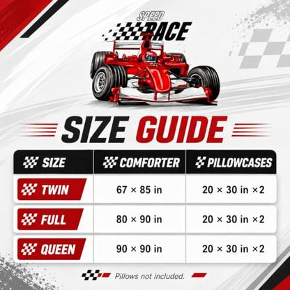 AILONEN Red Racing Car Comforter Set Full Size, Extreme Sports Theme Bedding Set Black White Grid for Kids Boys,Race Car Competition Bed in a Bag Soft Breathable,1 Quilt 2 Pillowcases,3 Pcs