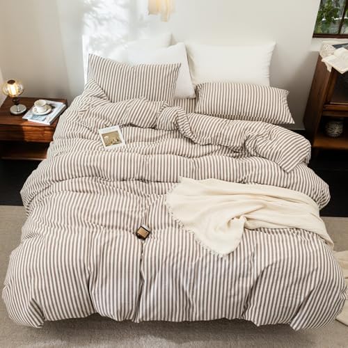 FOSSA Striped Duvet Cover Set 100% Washed Cotton Linen Feel Super Queen