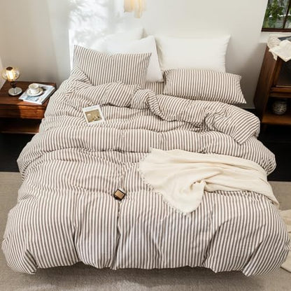 FOSSA Striped Duvet Cover Set 100% Washed Cotton Linen Feel Super Queen
