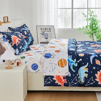 NTBED 5Pcs Glow in The Dark Kids Comforter Set Dinosaur Queen Bedding Set