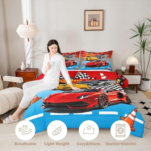 Feelyou Boys Race Car Bedding Set Soft for Boys Girls, Speed Sports Car Comforter Set Full Size Racing Duvet Quilt Microfiber Extreme Sports Bedroom Decor Automobile 3 Pcs with 2 Pillow Cases