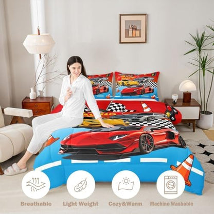 Feelyou Boys Race Car Bedding Set Soft for Boys Girls, Speed Sports Car Comforter Set Full Size Racing Duvet Quilt Microfiber Extreme Sports Bedroom Decor Automobile 3 Pcs with 2 Pillow Cases