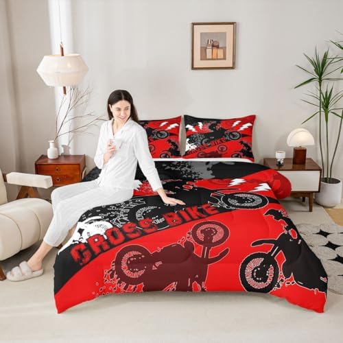 Erosebridal Full Size Dirt Bike Bedding Set Kids Motocross Comforter Set Dirtbike Room Decor for Boys Men Girls Adult,Rider Motorcycle Bed Set Cool Extreme Sports Comforter Sets 3Pcs,Red Black