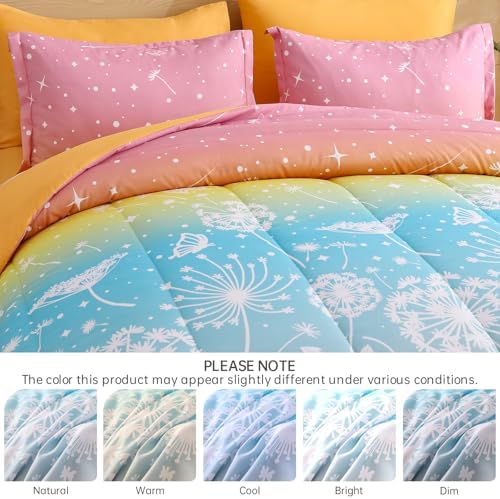 Dinjoy Girls Comforter Set 7 Pieces, King Size Colorful Ombre Rainbow Bedding Set, Bed in A Bag for Kid Teen Girls(1 Comforter, 1 Flat Sheet, 1 Fitted Sheet, 2 Pillow Shams, 2 Pillowcases)