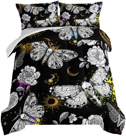 HOSIMA Death Moth Skull Heads King Size Comforter Set Horror Theme Halloween Bedding,Goth Bedding Set Floral Butterfly Bed Set Room Decor for Teen Girls Boys Black King Bed Comforter Set.