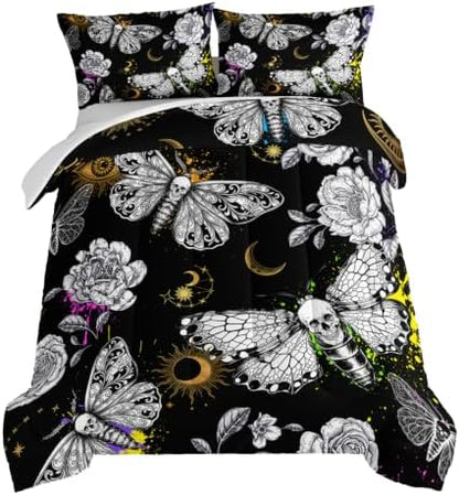 HOSIMA Death Moth Skull Heads King Size Comforter Set Horror Theme Halloween Bedding,Goth Bedding Set Floral Butterfly Bed Set Room Decor for Teen Girls Boys Black King Bed Comforter Set.