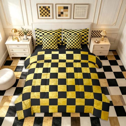 Checkered Retro Comforter Set With Sheets 7 Piece King Size Golden Black Plaid Bed in a Bag Kids Boys Girls Geometric Vintage Bedding Set Modern Simple Groovy Aesthetic Bedroom Decor Breathable Soft