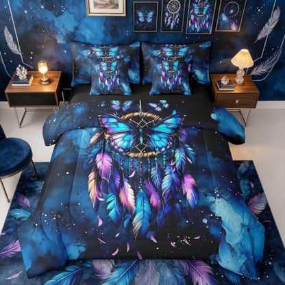 Erosebridal Blue Butterfly Dream Catcher Queen Bed in A Bag 7 Piece Marble Comforter Set with Sheets Boho Gypsy Butterfly Bedding Sets for Kids Girls Women,Indian Hippie Feather Bed Set