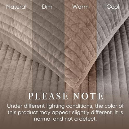 Wonderful - Velvet Quilt Set King Size Light Brown, Soft Cotton-Feel Plush Coverlet with Shams, Premium Vertical Channel Stitched, Lightweight All-Season Bedspread