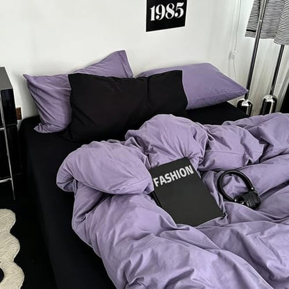 mixinni Solid Purple Duvet Cover Set Queen Size - 100% Washed Cotton 3-Piece Minimalist Bedding Set, Ultra Soft Breathable Solid Color Purple Comforter Cover with Zipper & Corner Ties, Queen Size