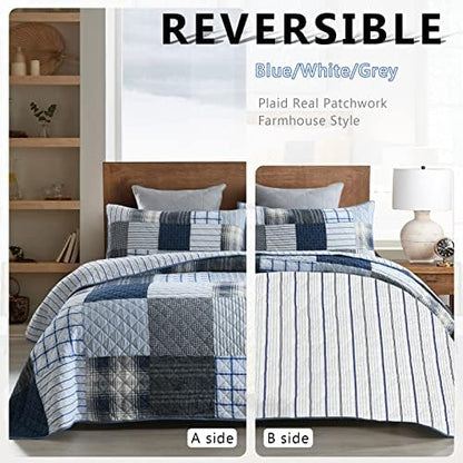Yvooxny King Quilt Set Bedspread Reversible Plaid Grid Quilted Bedspread 3-Piece Real Patchwork Quilt Bedding Set with Pillowcases for All Seasons, King Size, 108 * 96 Inches