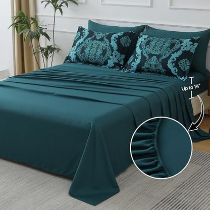 WONGS BEDDING 7 Piece King Comforter Set, Teal Texture Breathable Microfiber Comforter Bedding Set for All Season, Damask Bed in a Bag with Comforter, Flat Sheet, Fitted Sheet, Pillowcases & Shams
