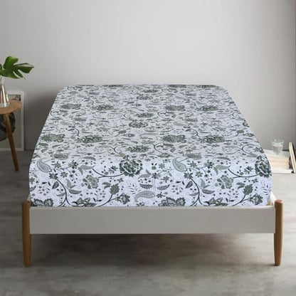 Feather & Stitch Fitted Sheet Only, 100% Cotton 300TC Lightweight Cooling & Breathable Percale Weave Fitted Sheet 16" Regular Elastic Deep Pocket Soft Bedding Mattress (King, Green Floral Paisley)