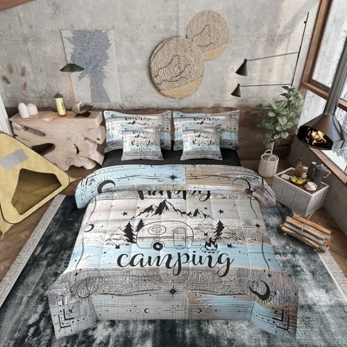 Erosebridal Rustic Camper Comforter Set 7 Piece Twin Camping Bunk Bed in A Bag Boho Moon Stars Rv Camper Decor Bedding Set for Travel Trailers,Camping Car Inside Accessories Bed Set Blue Grey