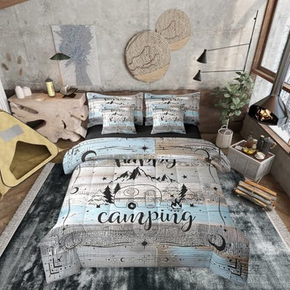 Erosebridal Rustic Camper Comforter Set 7 Piece Twin Camping Bunk Bed in A Bag Boho Moon Stars Rv Camper Decor Bedding Set for Travel Trailers,Camping Car Inside Accessories Bed Set Blue Grey