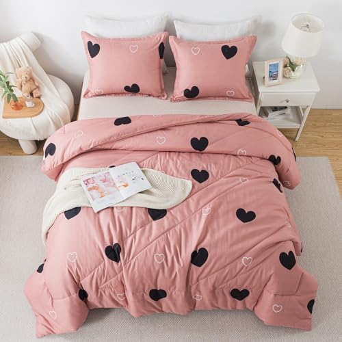 Caressma Pink Comforter Set King Size Black Heart 3pcs with Pillowcase