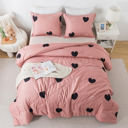 Caressma Pink Comforter Set Queen Size Black Heart 3pcs with Pillowcase