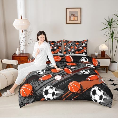 Homewish Sports Theme Comforter Set,Soccer Football Bedding Set for Kids Girls Women,Adults Baseball Basketball Comforter,Sports Gaming Quilted Duvet Set Bedroom Collection Twin Size 2Pcs