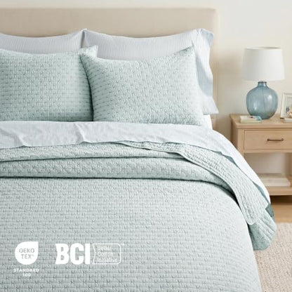 EVERGRACE 100% Cotton Cross Stitch 3-Piece Quilt Set, Queen, Seafoam Aqua